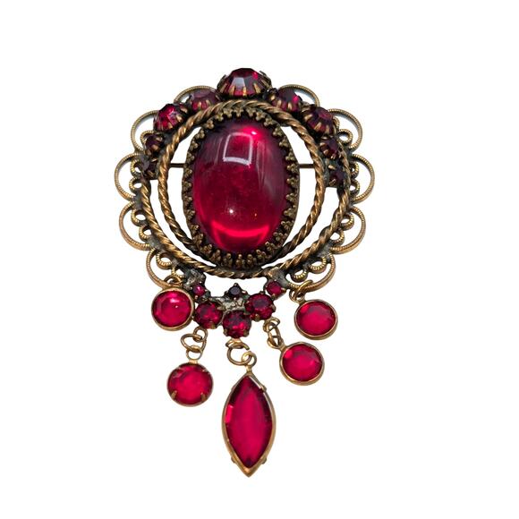 Vintage Possibly Unsigned Hobe Red Rhinestone Dangles Brooch - Picture 4 of 5